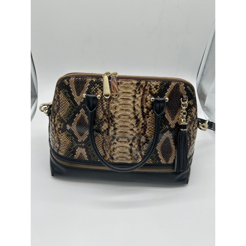 Brahmin Python Snake Embossed Satchel Shoulder Bag Brown Black Tassel Accent